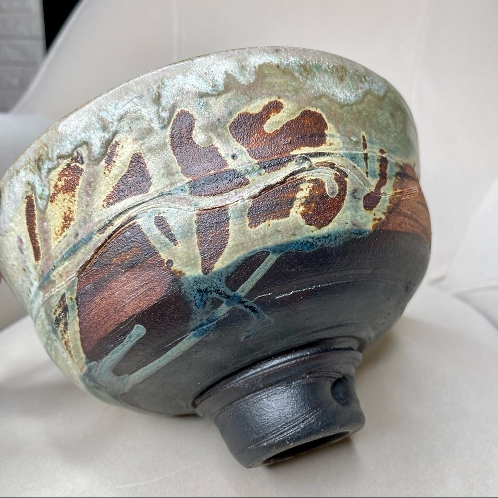 Large Raku Bowl Studio Art Pottery Swirl Stoneware Unique Art Decor MCM